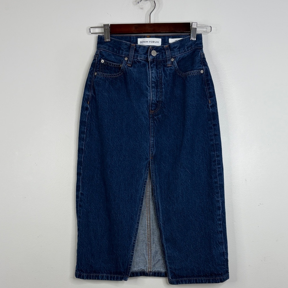 Denim Forum Jean Skirt Womens 23 The 90's Halle Blue Denim High Slit Aritzia